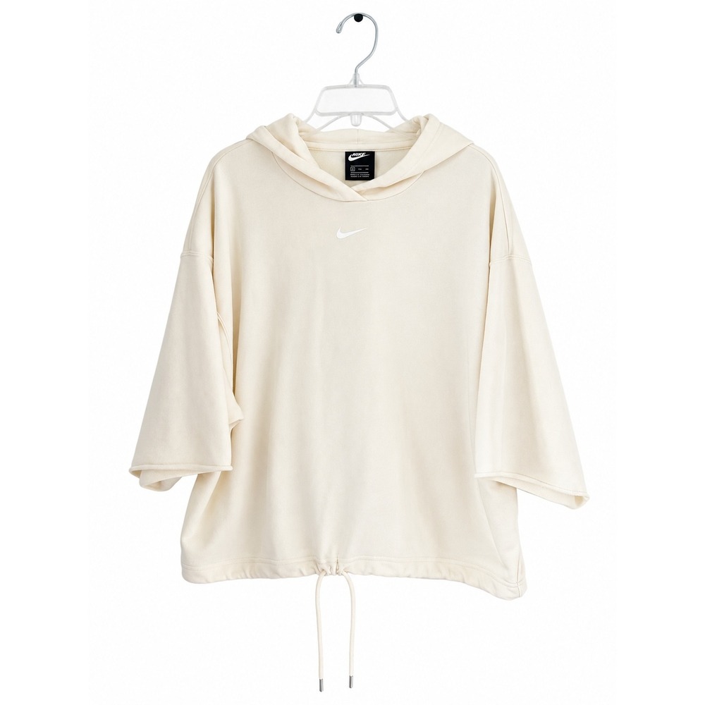 Nike Women XXL Cream Short Sleeve Oversized Hoodie Swoosh Drawstring Sweatshirt